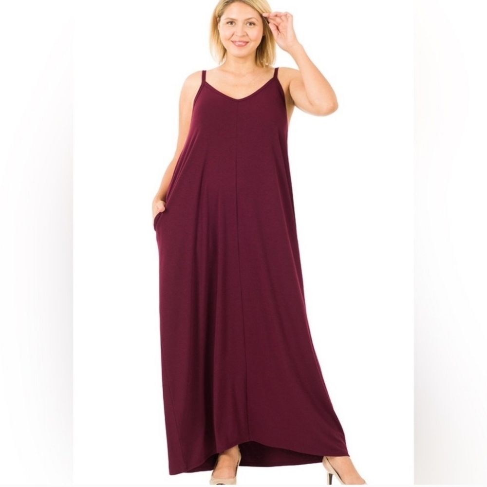 Zenana Cami Spaghetti Strap Burgundy Maxi Dress With Pockets Size M - Picture 2 of 5